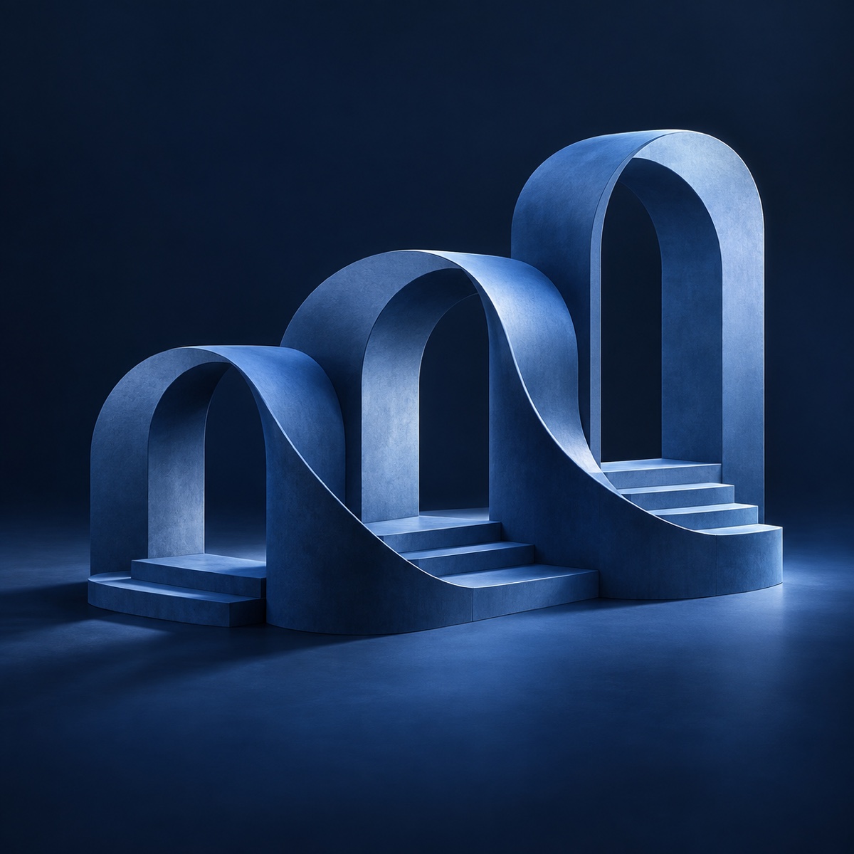 Abstract blue sculptural pathways connecting three archways